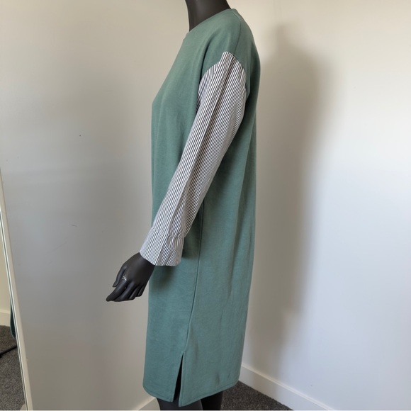 ⚪️ Nothing Better Green Shift Dress with Striped Button Cuffs Made in Korea | L - Picture 2 of 6